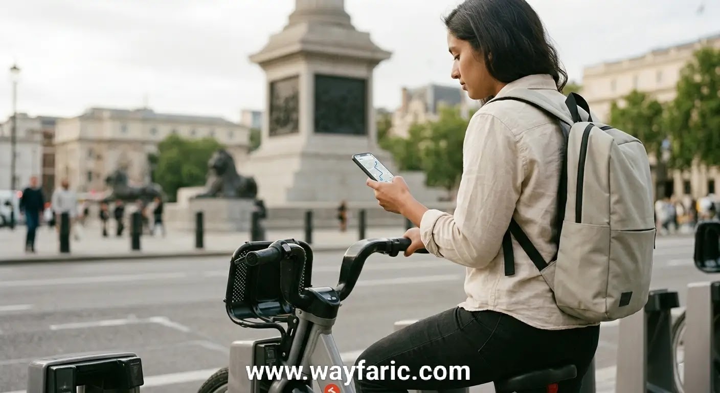 Traveler using city bike-share program for low-impact transport - Wayfaric