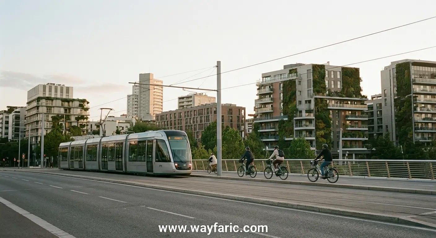 Sustainable urban landscape with electric transit and vertical gardens - Wayfaric